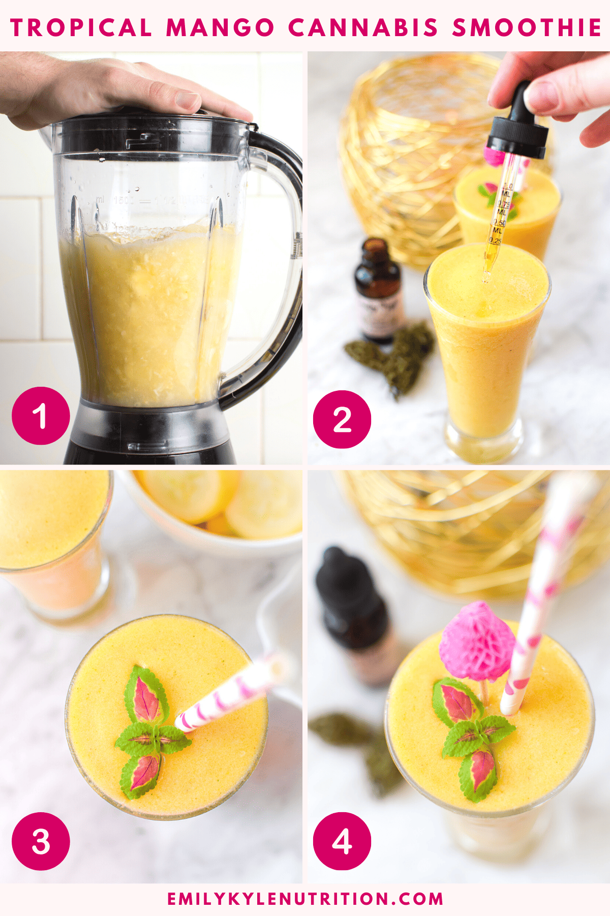 A step-by-step image collage for a tropical cannabis smoothie. 