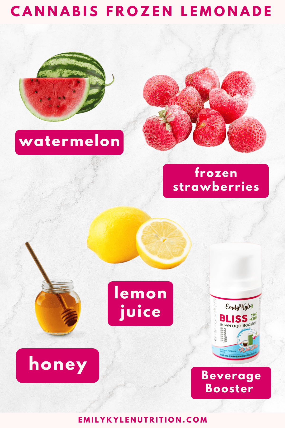 A picture of  the ingredients needed to make a frozen strawberry lemonade.