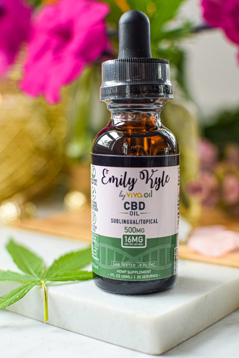 A picture of a bottle of Emily Kyles CBD oil.