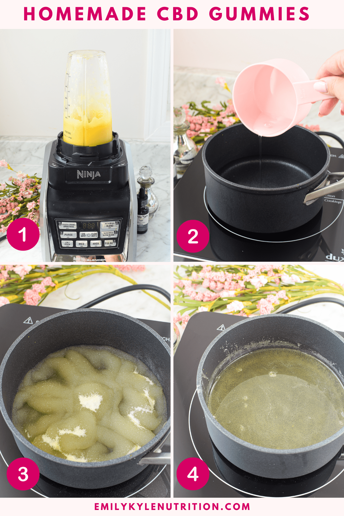 A four step image collage showing how to make CBD gummies. 
