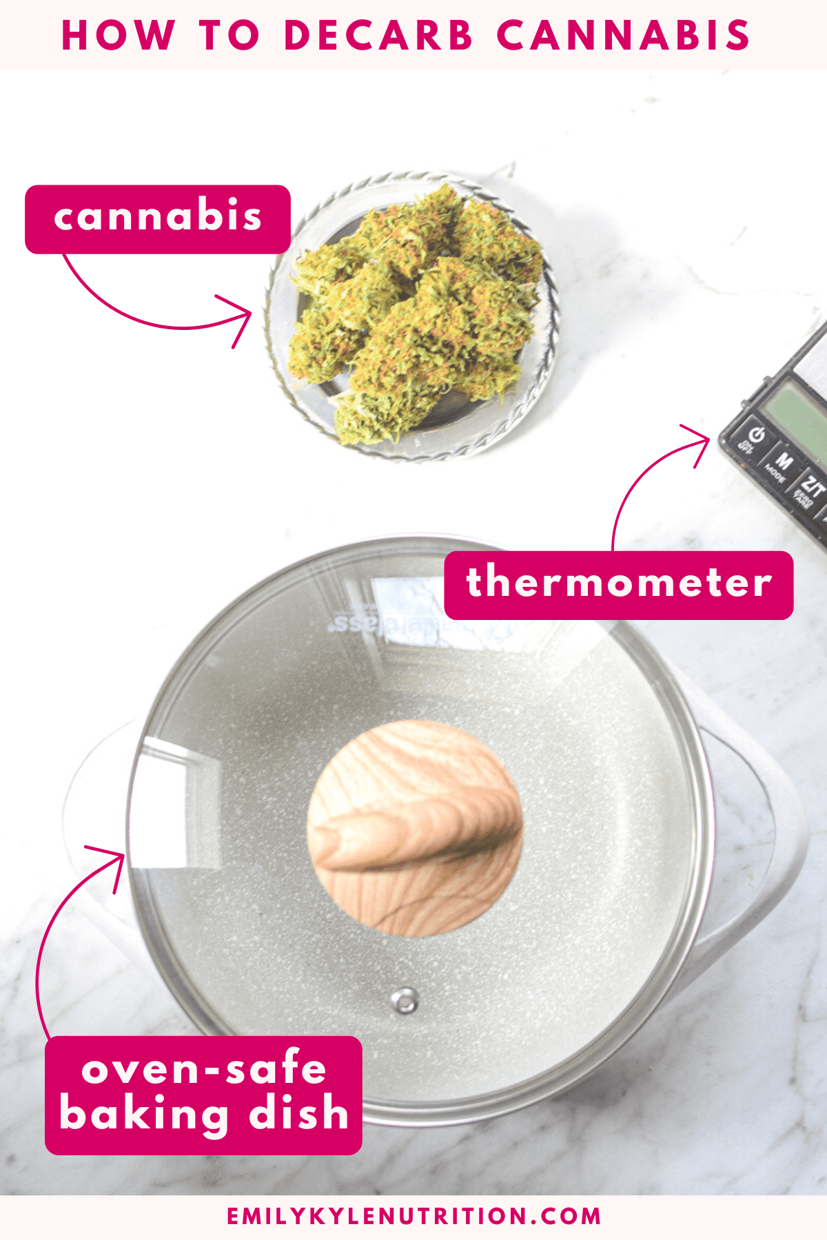 A picture of the ingredients and equipment needed to decarb cannabis at home including cannabis flower, a scale, and an oven-safe baking dish.
