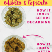 Text that states how to decarb cannabis for edibles and topicals with a picture of a before ad after decarbed bud.