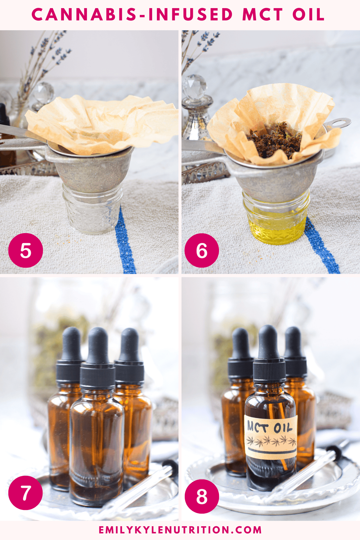 4 step collage showing how to make cannabis-infused MCT Oil