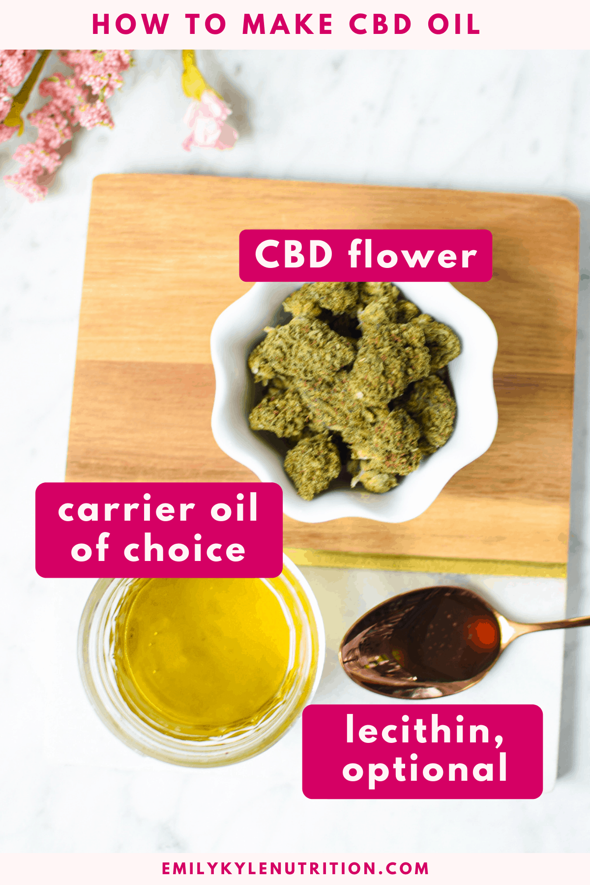 Ingredients collage of cbd flower, oil, and lecithin to make homemade cbd oil