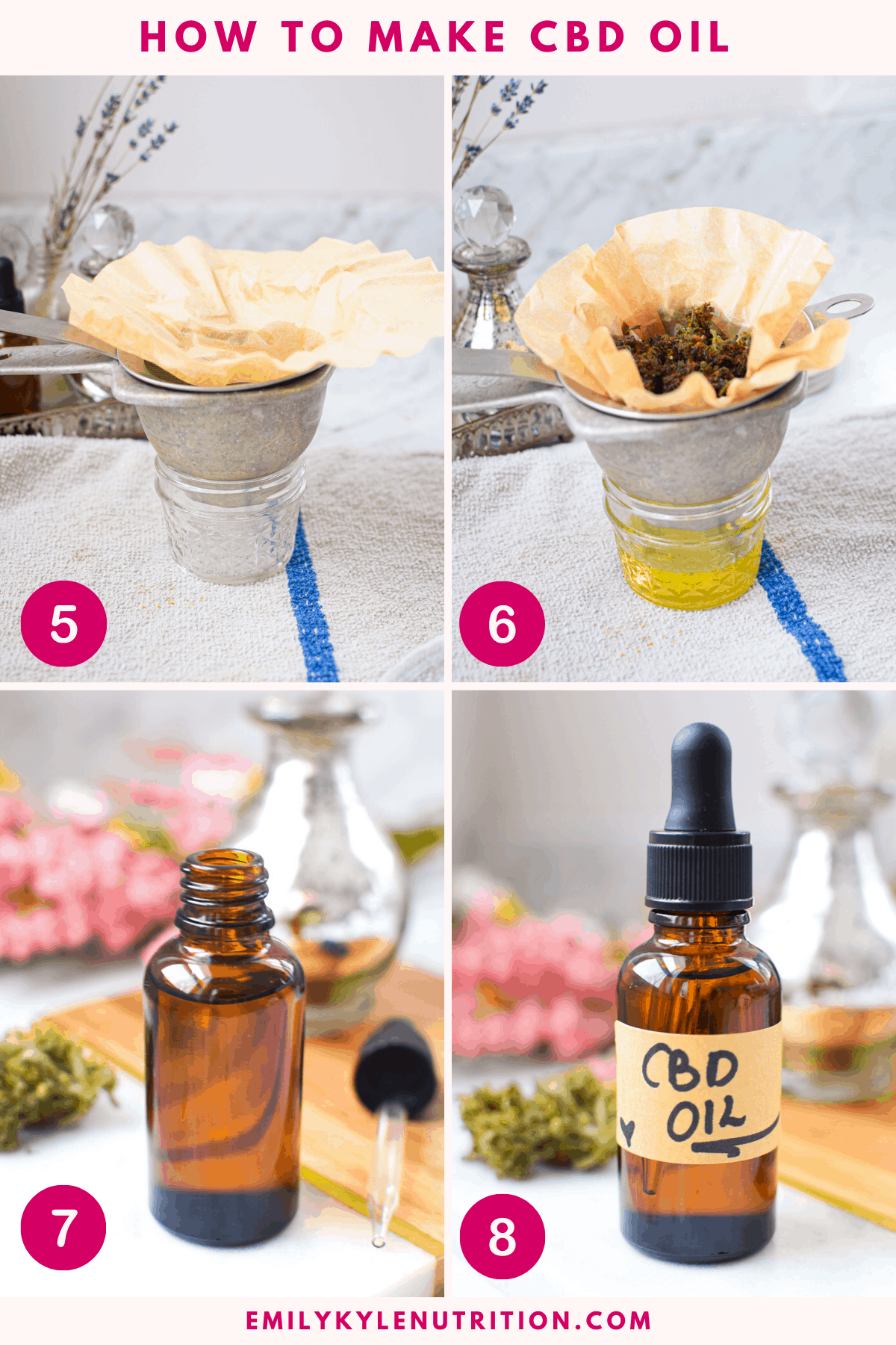 4 picture collage showing how to make CBD oil