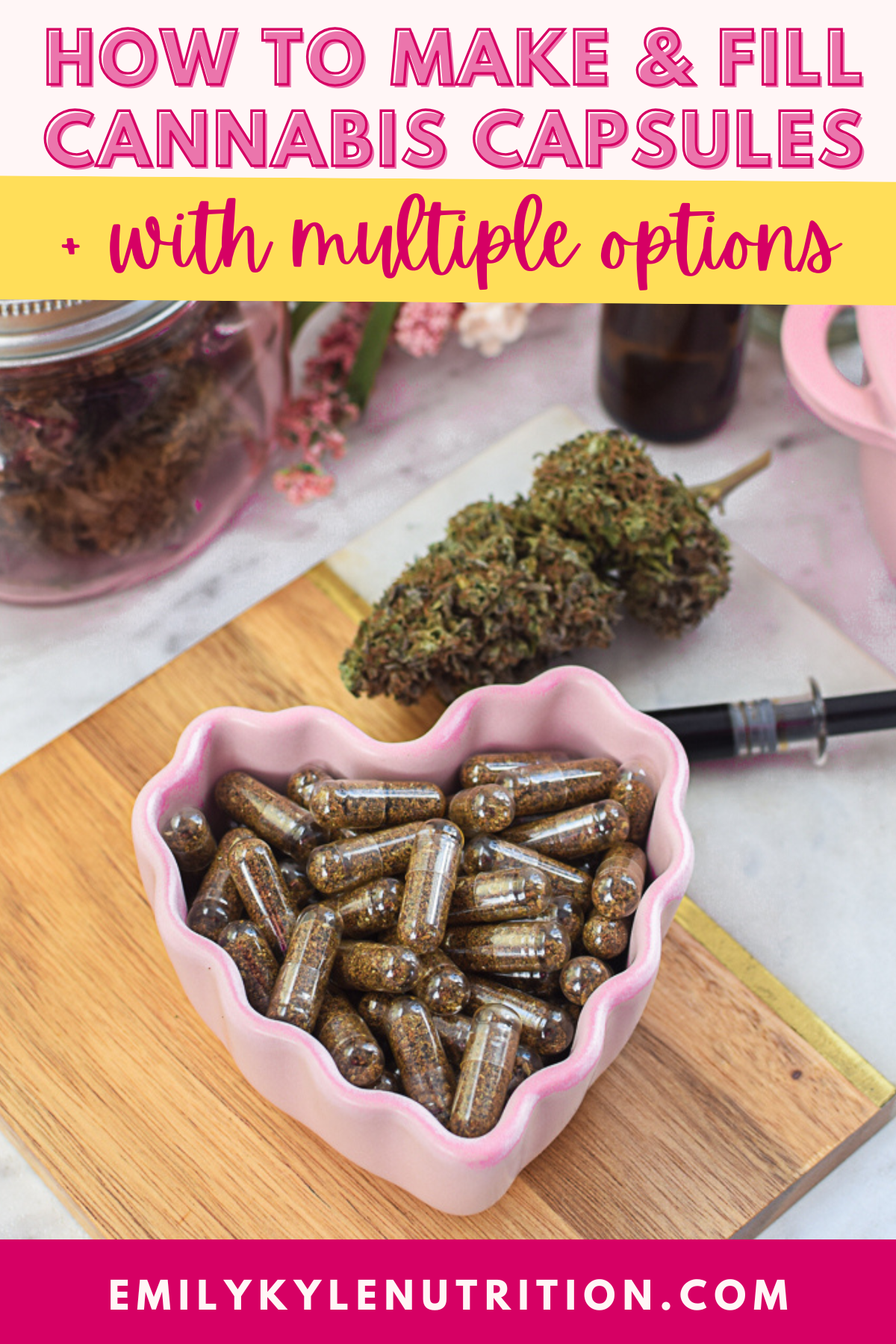 Cannabis capsules in a pink heart-shaped dish with cannabis buds and dropper.
