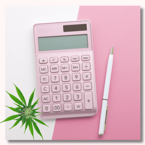 A picture of a pink calculator with a cannabis leaf.