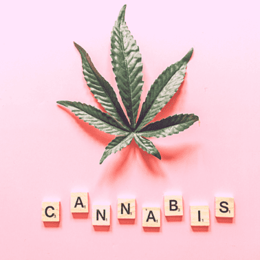 A picture of a cannabis leaf with tiles that spell out cannabis.