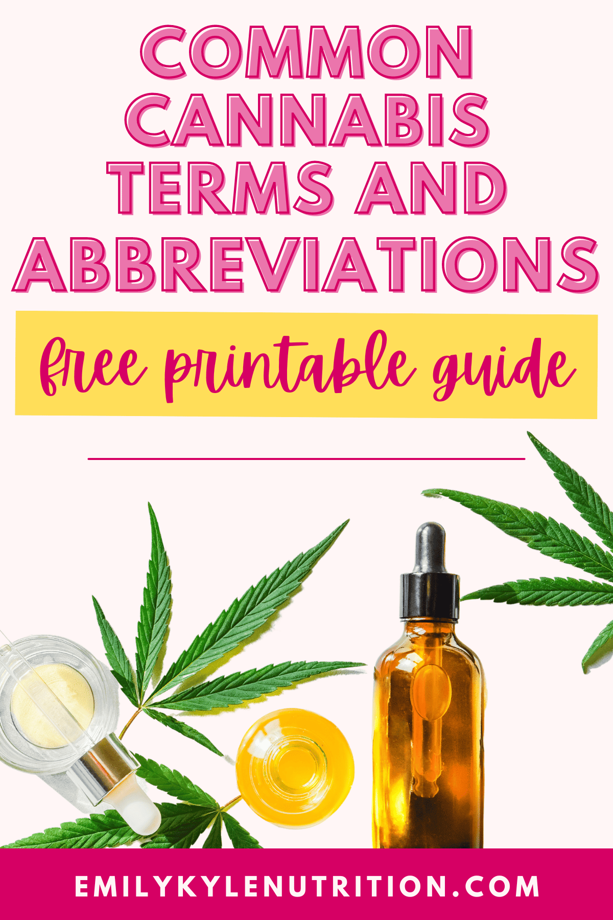 Text that says Cannabis Terms and Abbreviations Free Printable Guide with a cannabis leaf and tincture bottle. 