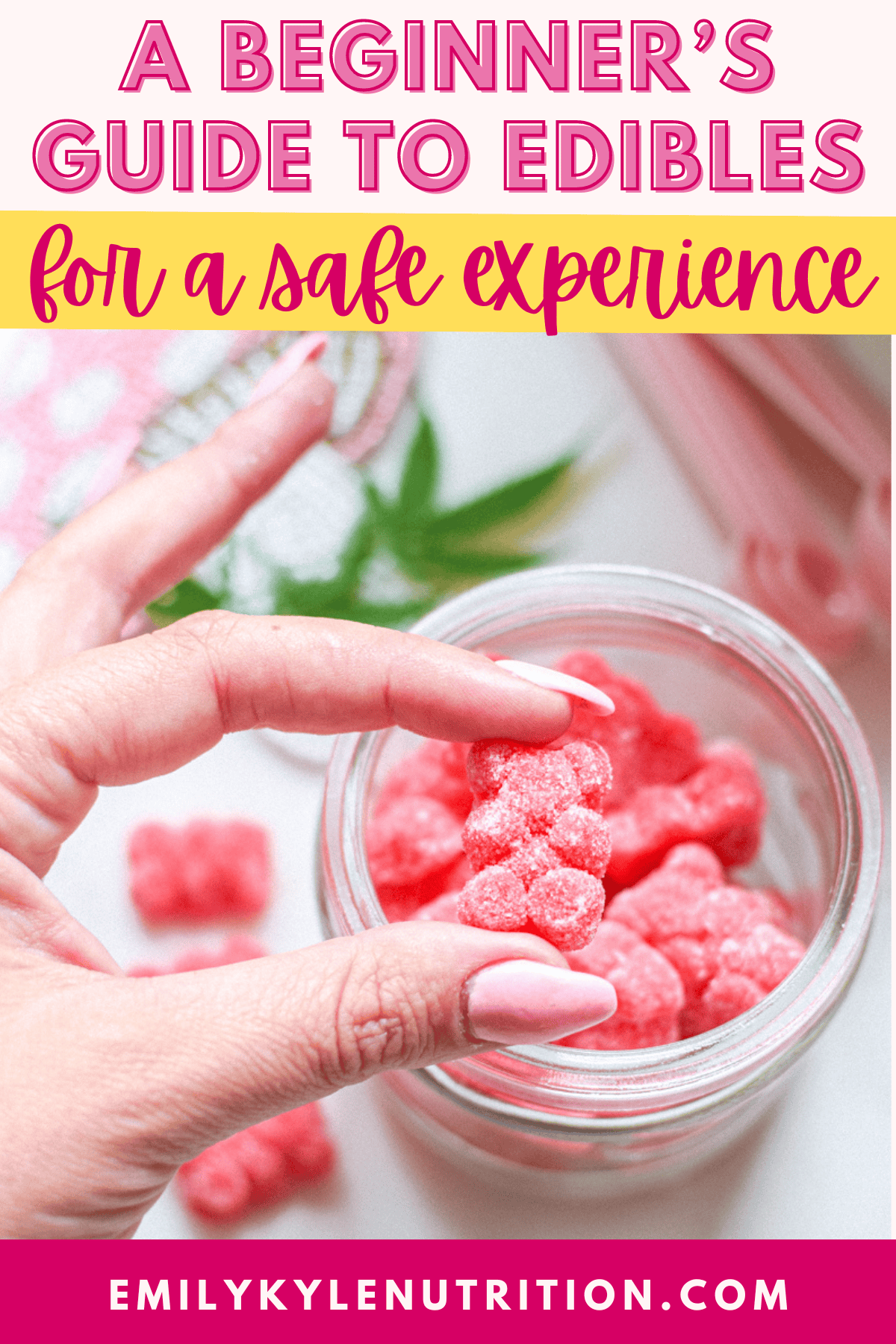 A picture of gummies with text that says A Beginner’s Guide to Cannabis Edibles for a safe experience.