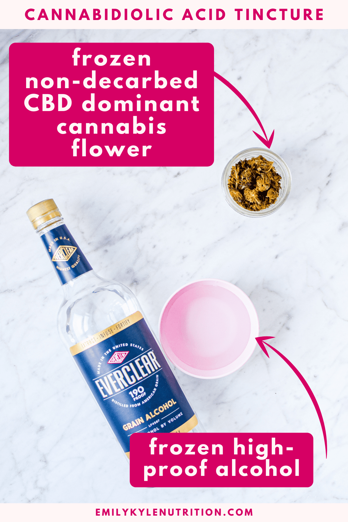 A white countertop with a mason jar full of decarbed cannabis flower and a pink cup full of high-proof alcohol