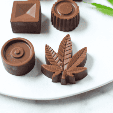 A completed batch of molded cannabis chocolates made in cannabis leaf shaped molds