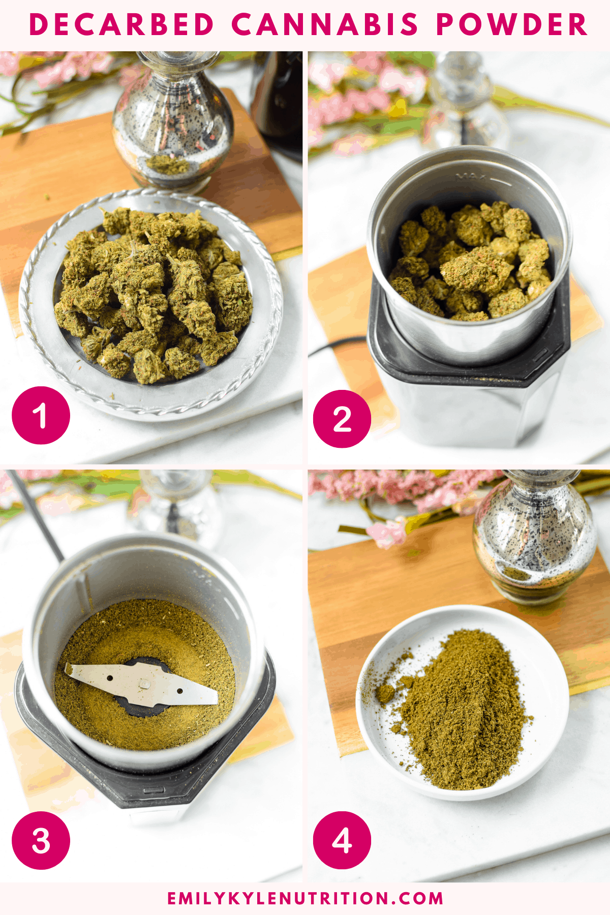 A 4 step photo collage showing how to grind down cannabis in a coffee grinder