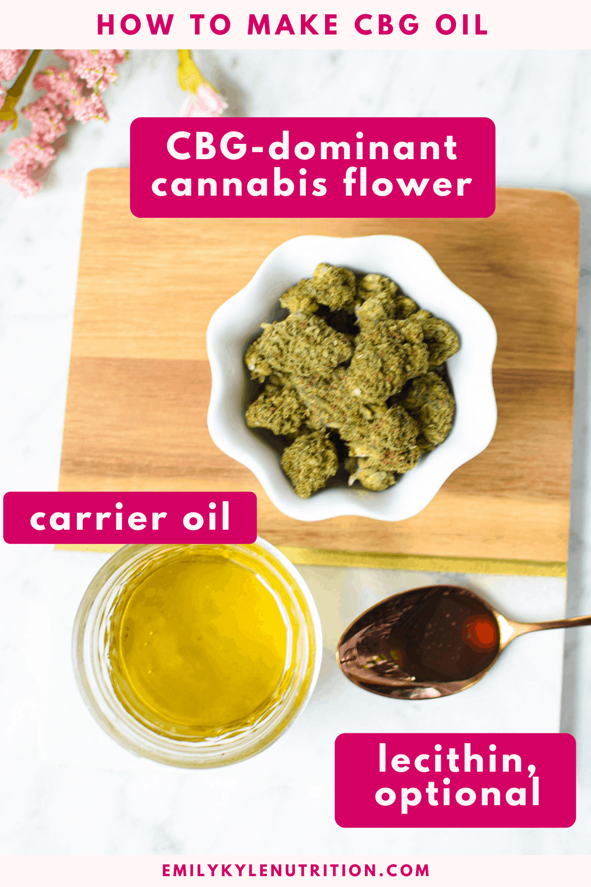 How To Make CBG Oil Ingredients collage including cbg flower, a carrier oil, and optional sunflower lecithin