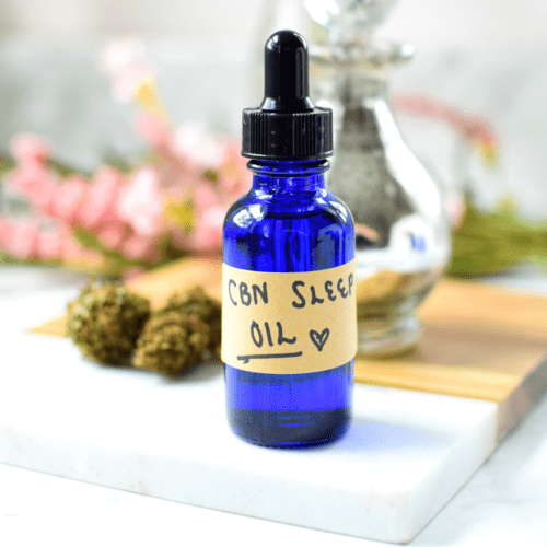 A finished blue bottle of homemade CBN Sleep Oil