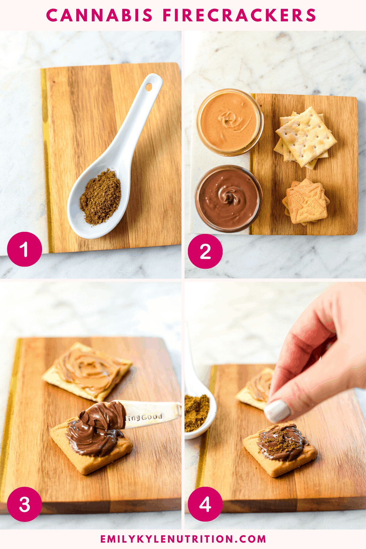 Ingredients collage with four images showing how to make cannabis firecrackers by putting nut butter on a cracker