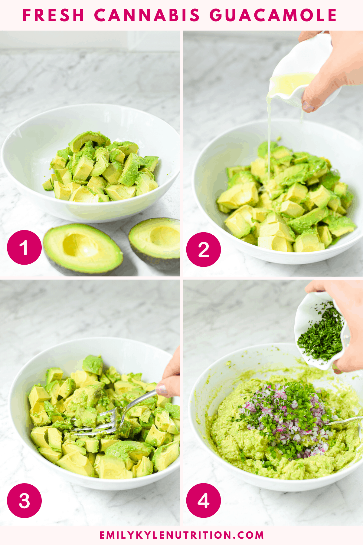 Four images in a collage put together to show you how to make cannabis infused guacamole