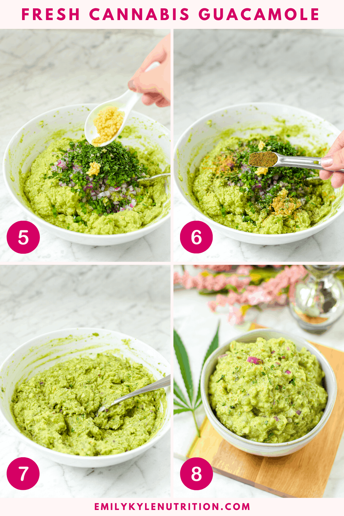 Four images in a collage put together to show you how to make cannabis infused guacamole