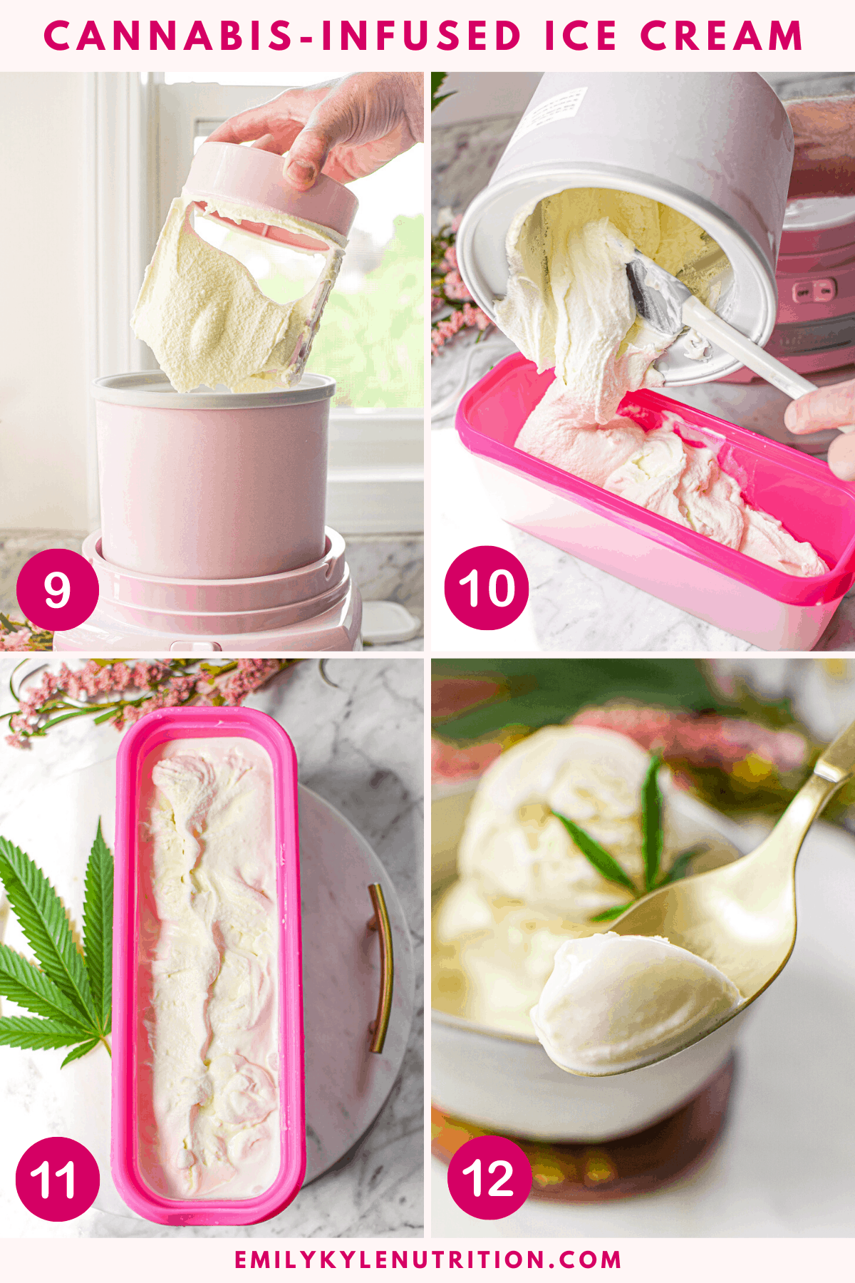 A collage shot of steps 1-4 showing how to make cannabis ice cream