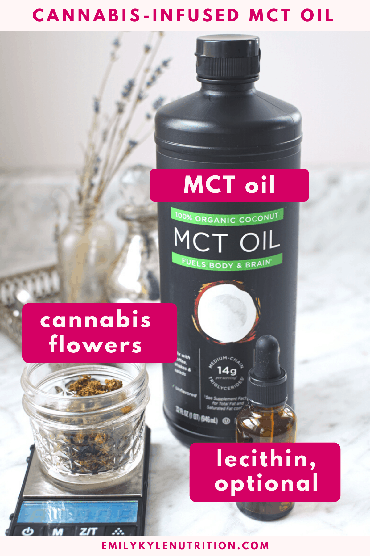 Ingredients collage featuring MCT oil, cannabis flowers, and lecithin