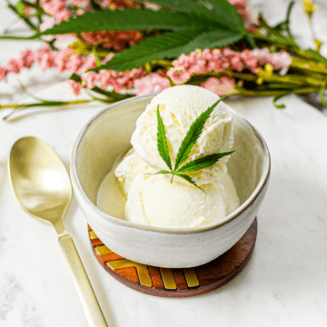 Finished image of homemade vanilla cannabis ice cream in a grey bowl with a small cannabis fan leaf garnish