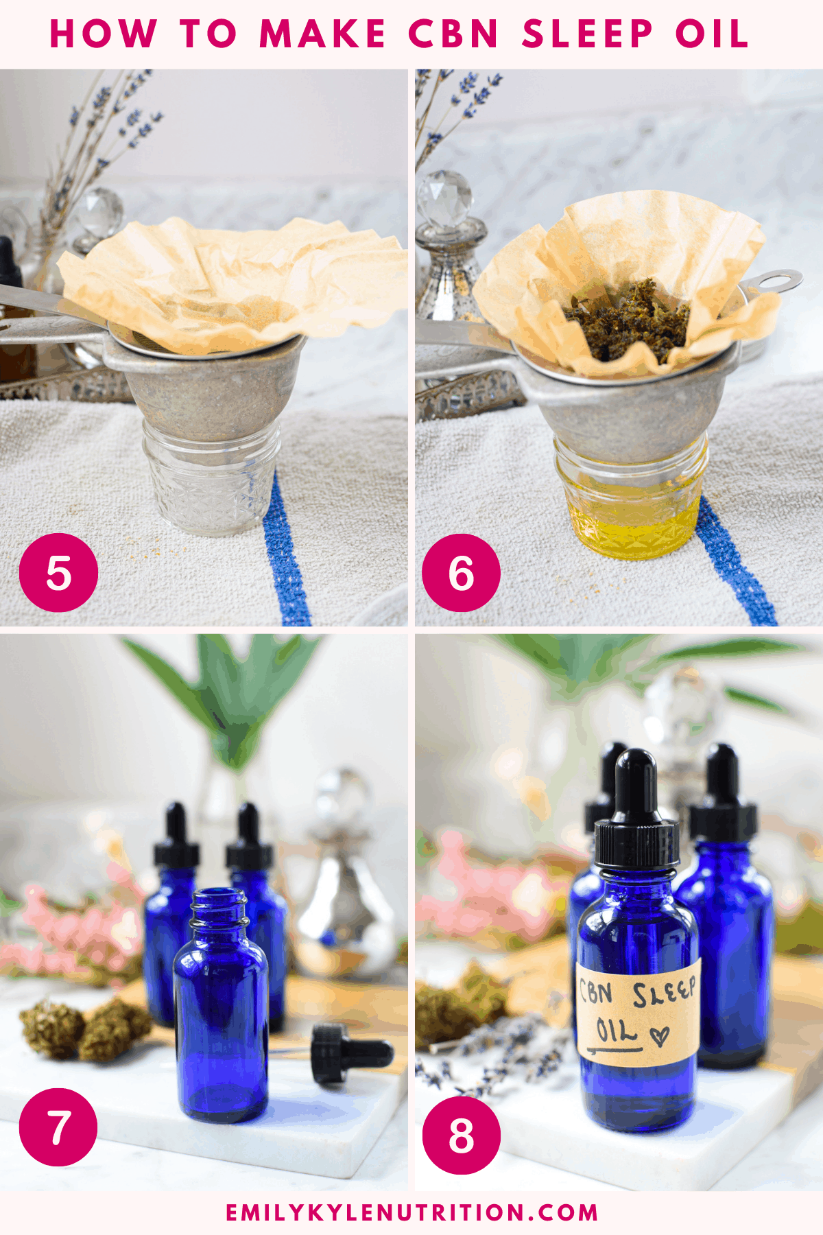4 step collage showing how to make cannabis-infused CBN Oil