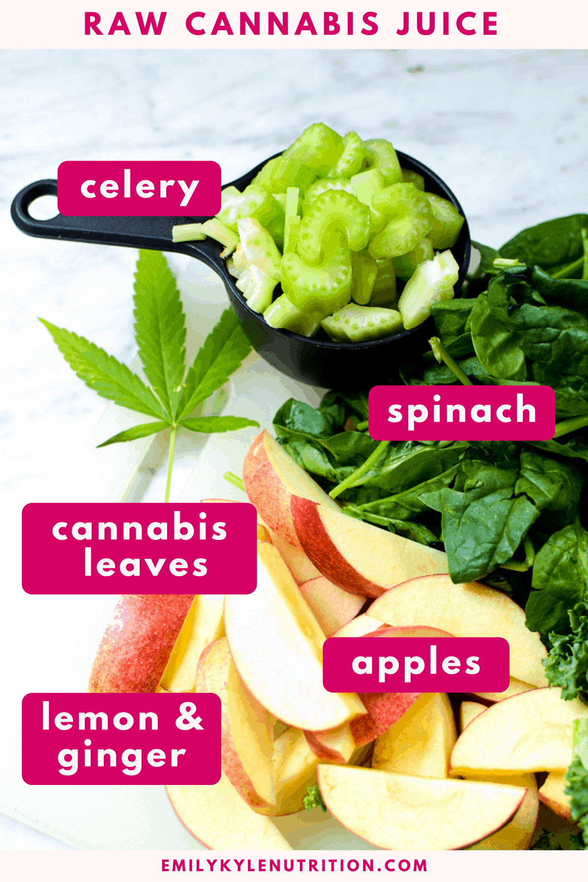 The ingredients needed to make cannabis juice including cannabis leaves, spinach, apples, lemon and ginger