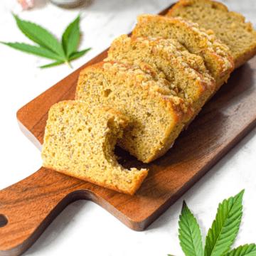 A photo of sliced cannabis banana bread on a cutting board with a cannabis leaf in the background