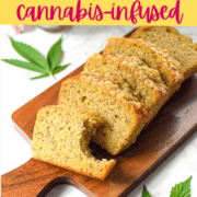 A photo of sliced cannabis banana bread on a cutting board with a cannabis leaf in the background.