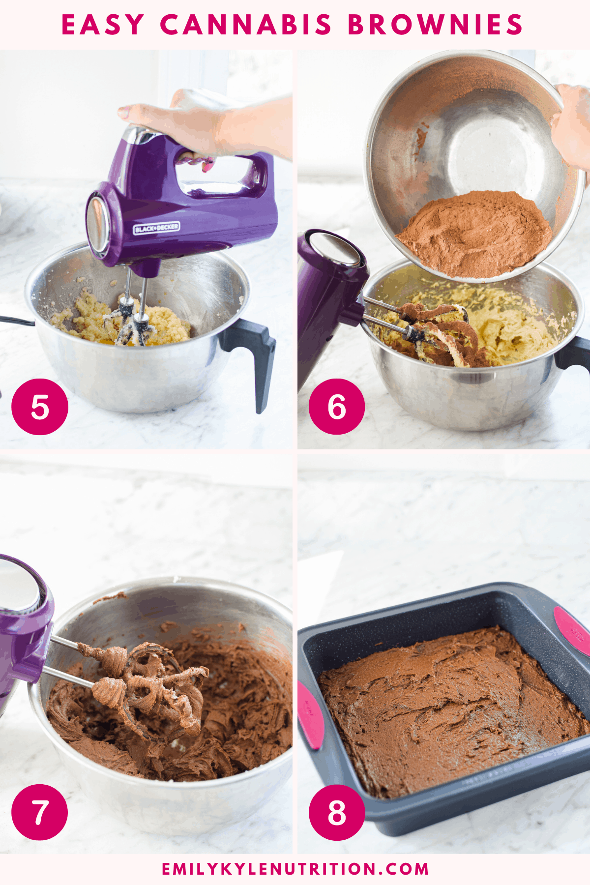 A 4 step image collage showing how to make brownies septs 4-8 including mixing the dry ingredients with the wet ingredients, the batter in a bowl, and the batter in the baking pan.