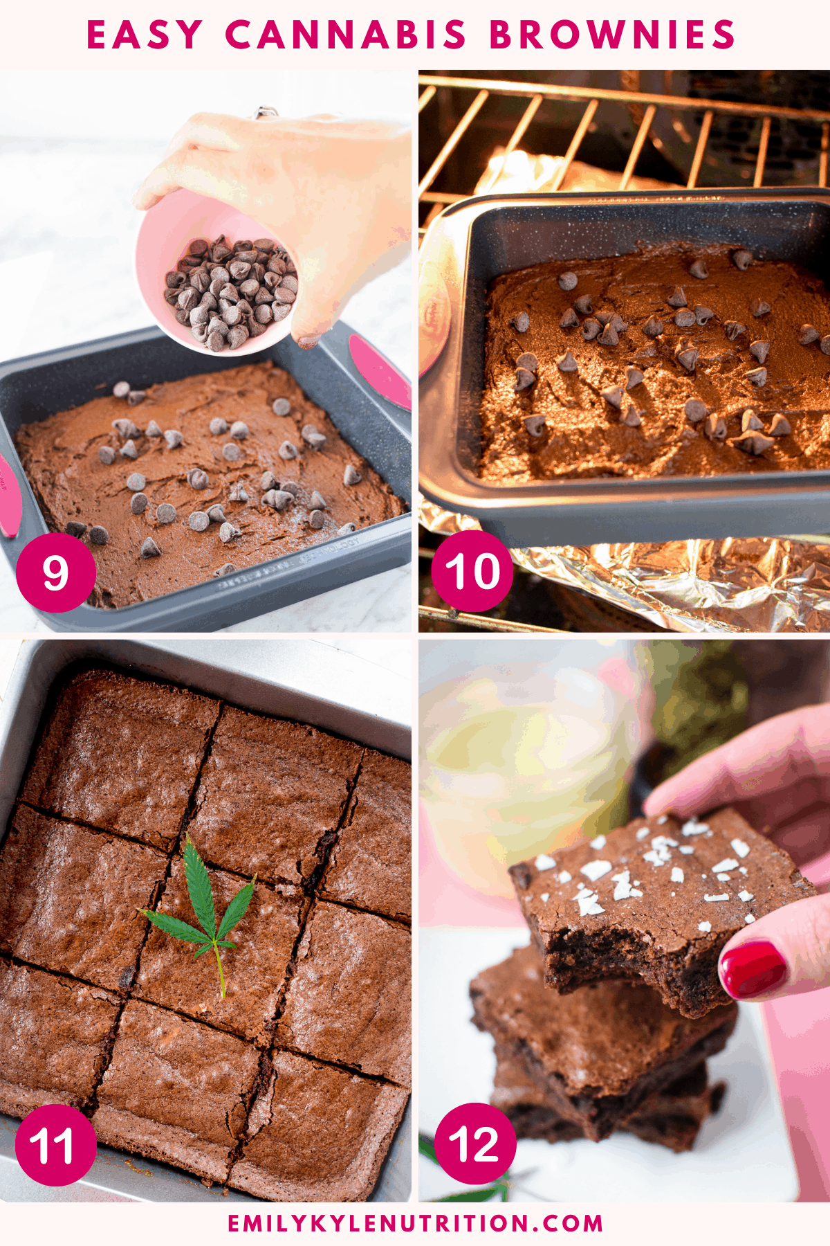 A 4 step collage showing the final 4 images of how to make cannabis brownies including adding chocolate chips, baking in the oven, cutting into squares, and enjoying. 