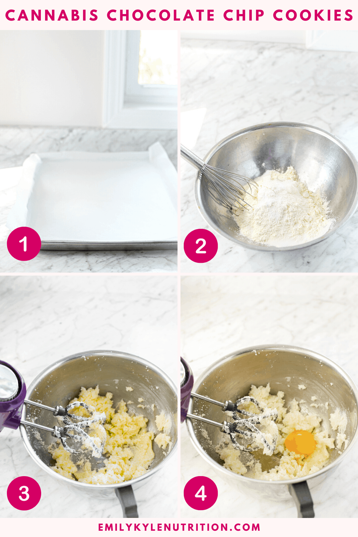 A four step collage showing the first four steps to making cannabis chocolate chip cookies including a lined baking tray, the dry ingredients in a bowl, creaming together the butter and sugar, and adding an egg