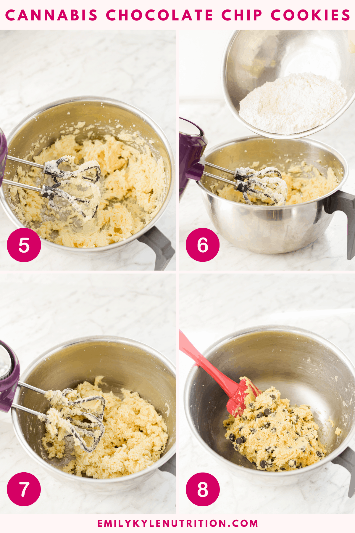 A collage of images showing steps 5-9 for making cannabis chocolate chip cookies including beating the ingredients, sifting the dry ingredients in, beating again, and folding in the chocolate chips