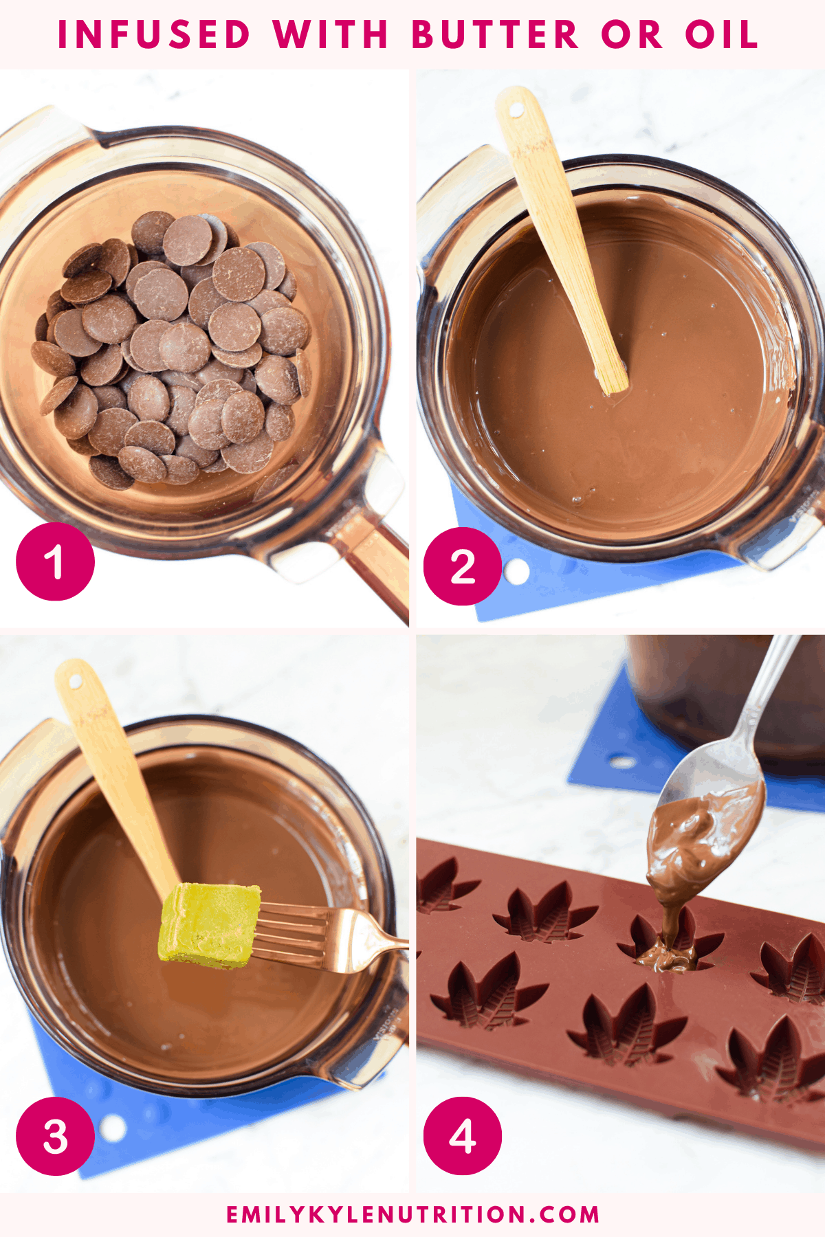 A 4 step collage showing how to infuse cannbutter into chocolate using a double boiler to melt the chocolate, stirring it smooth, and pouring into a mold