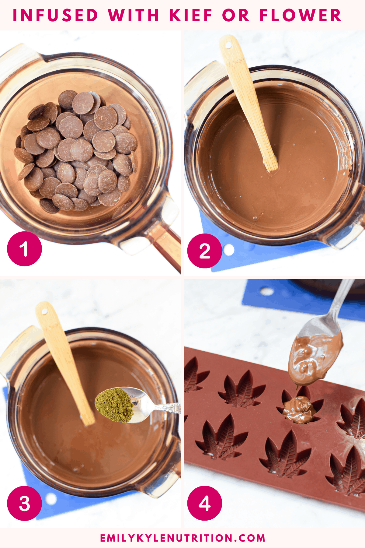 A 4 step collage showing how to infuse ground cannabis into chocolate using a double boiler to melt the chocolate, stirring it smooth, and pouring into a mold