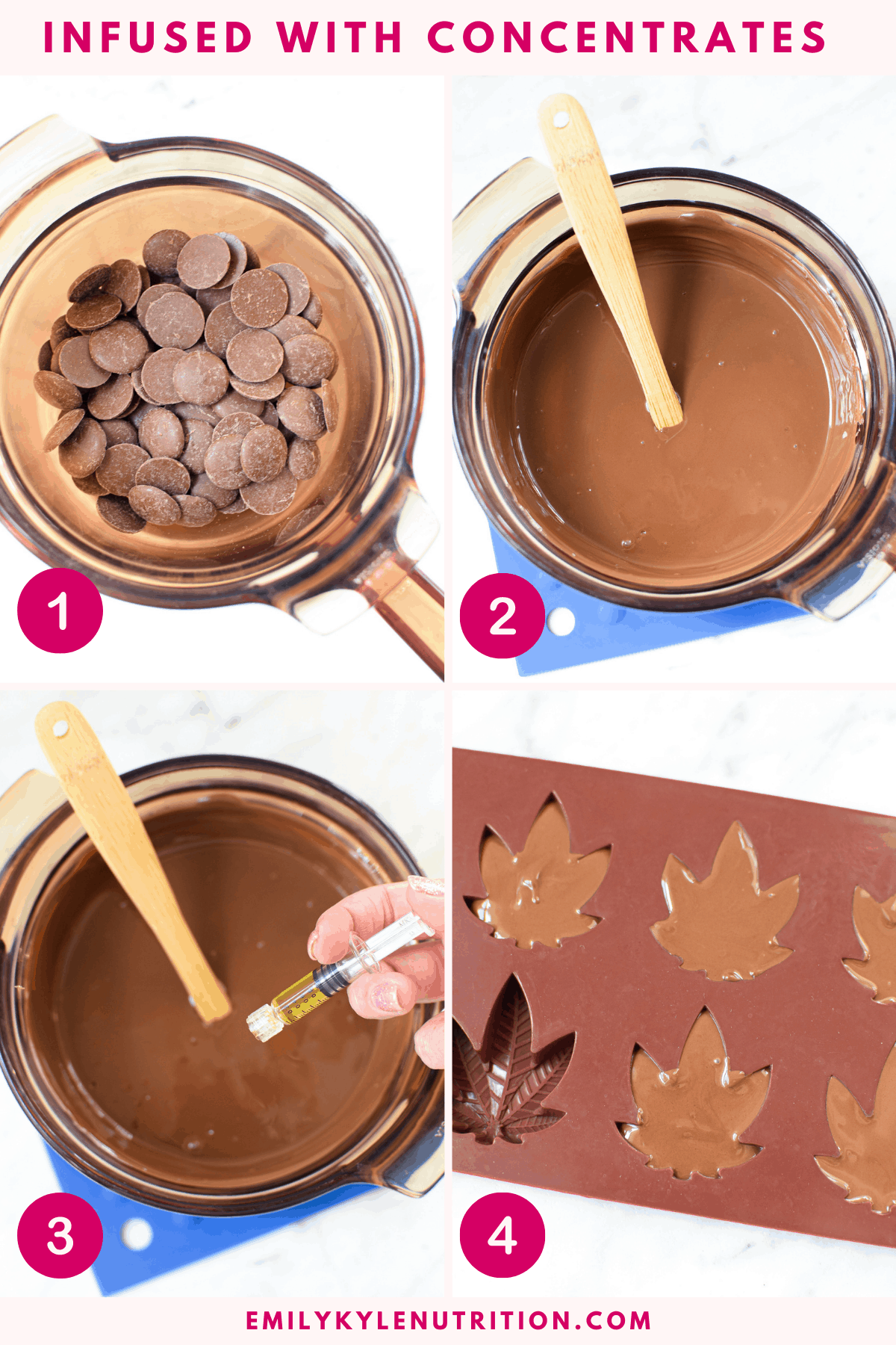 A 4 step collage showing how to infuse cannabis concentrates into chocolate using a double boiler to melt the chocolate, stirring it smooth, and pouring into a mold
