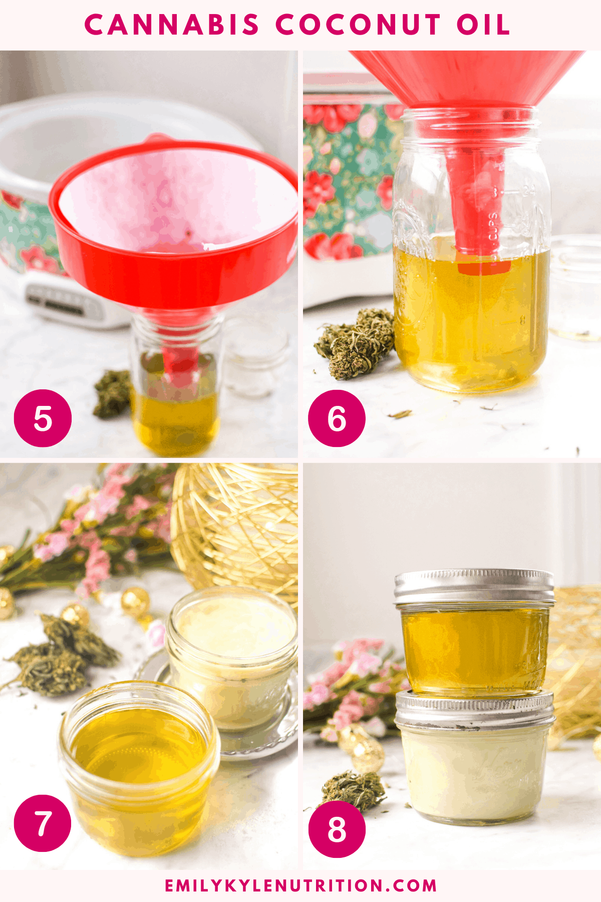 A 4 step collage showing a jar of oil for straining, the strained oil with a funnel in it, a final product shot of liquid coconut oil and hardened coconut oil