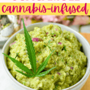 A bowl filled with guacamole garnished with a cannabis leaf paired with round tortilla chips