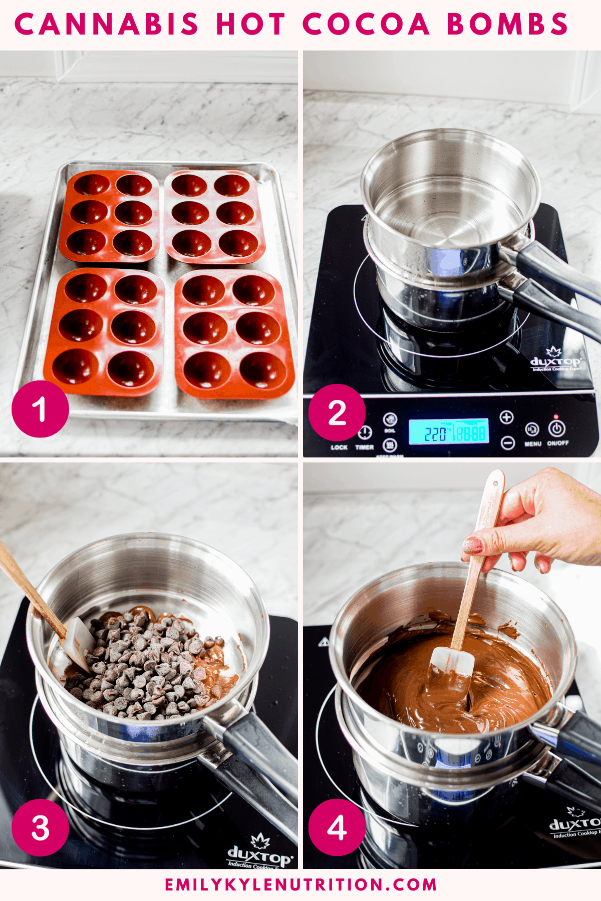 A 4-step image collage showing how to make cannabis hot cocoa bombs inlcuding prepping the molds, putting together the double boiler, adding chocolate chips to the double boiler and melting the chocolate.