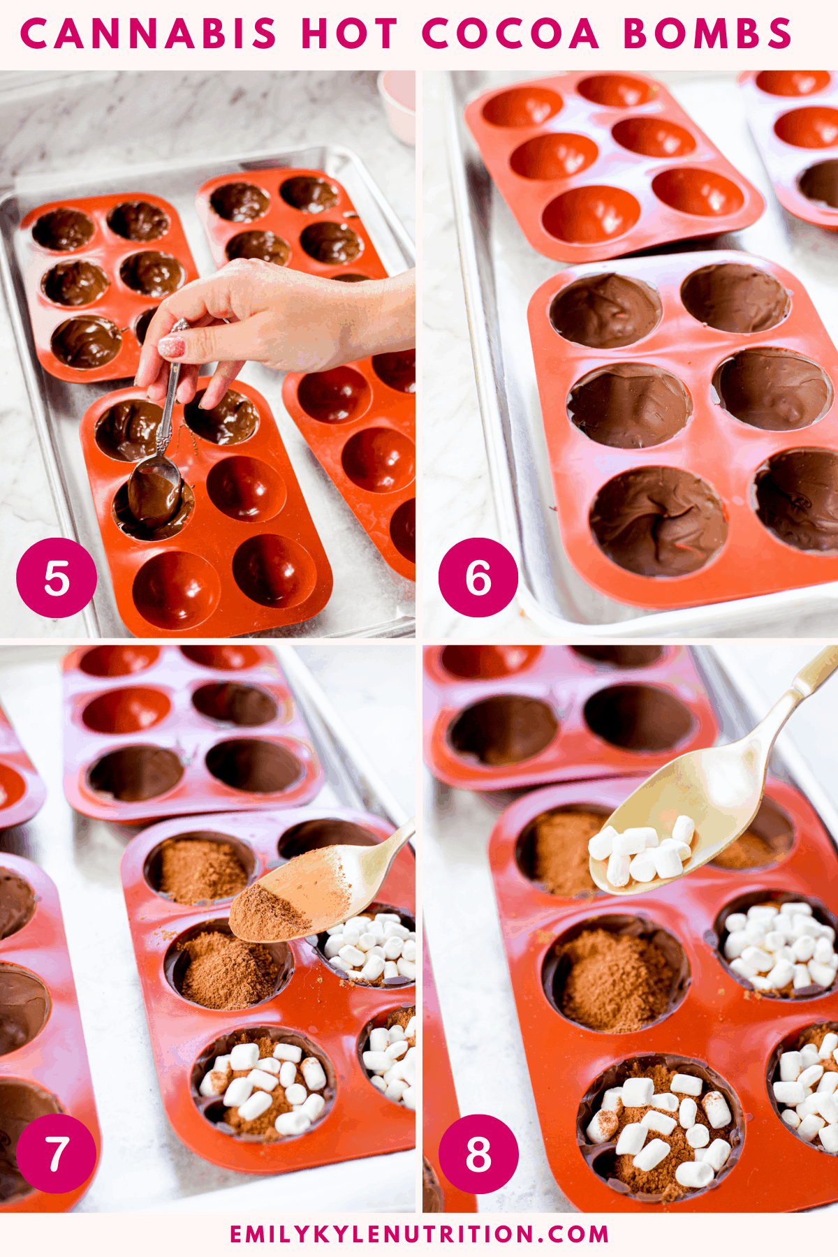A 4-step collage showing how to make steps 5-8 in making hot cocoa bombs including putting chocolate in the molds, what they look like after freezing, adding hot cocoa to the chocolate cups, following by marshmallows