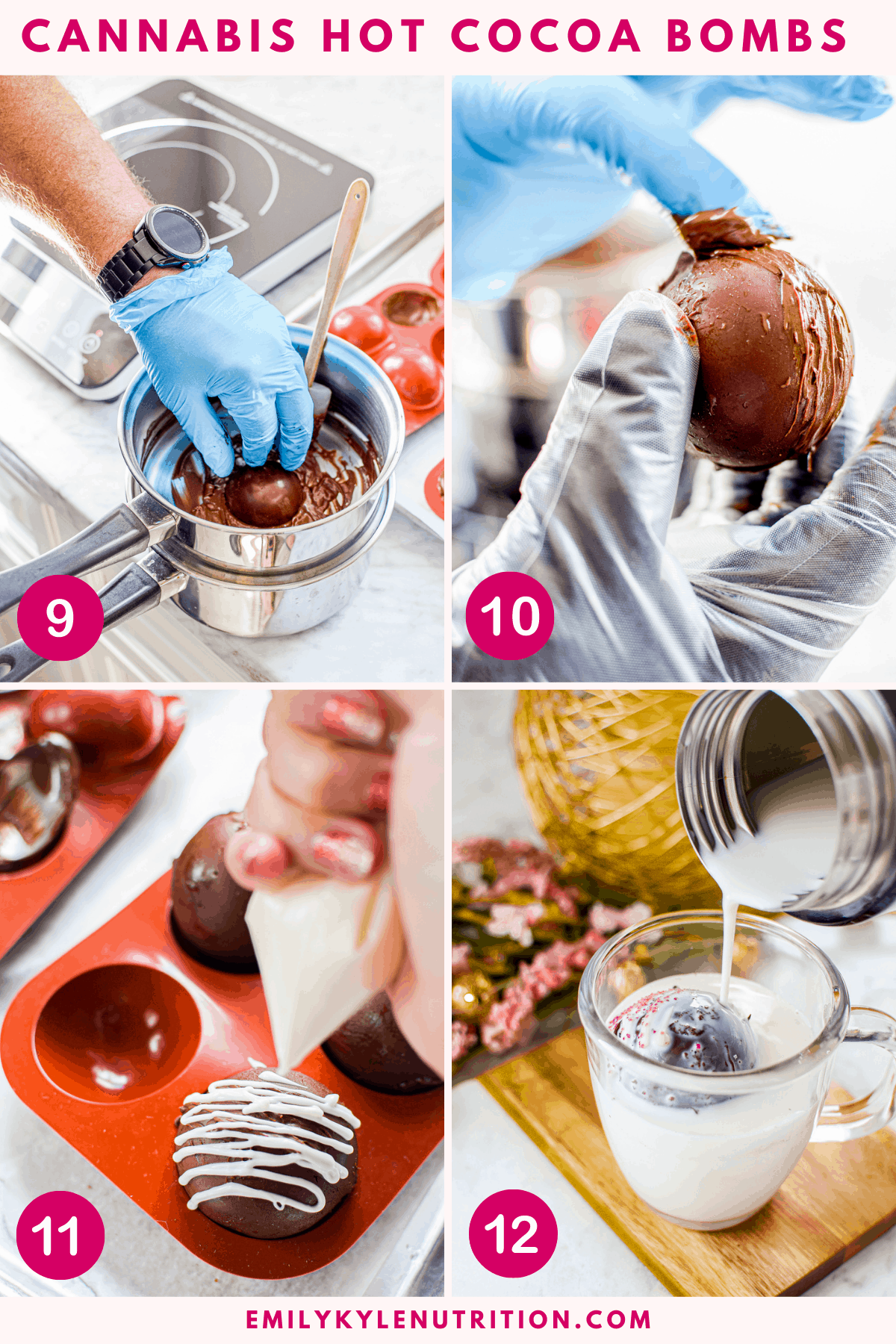 A 4-step image collage showing steps 9-12 in making hot cocoa bombs including melting the rims of the chocolate cups, putting them together and sealing with chocolate, garnishing with white chocolate, and pouring milk over them