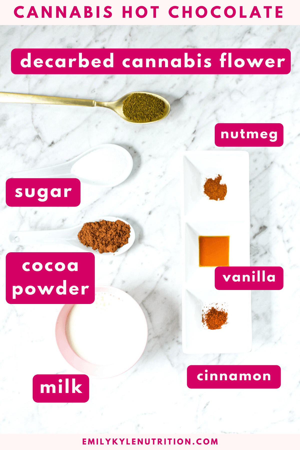 A white countertop with the ingredients needed to make cannabis hot chocolate including decarbed cannabis flower, sugar, cocoa powder, milk, nutmeg, vanilla and cinnamon