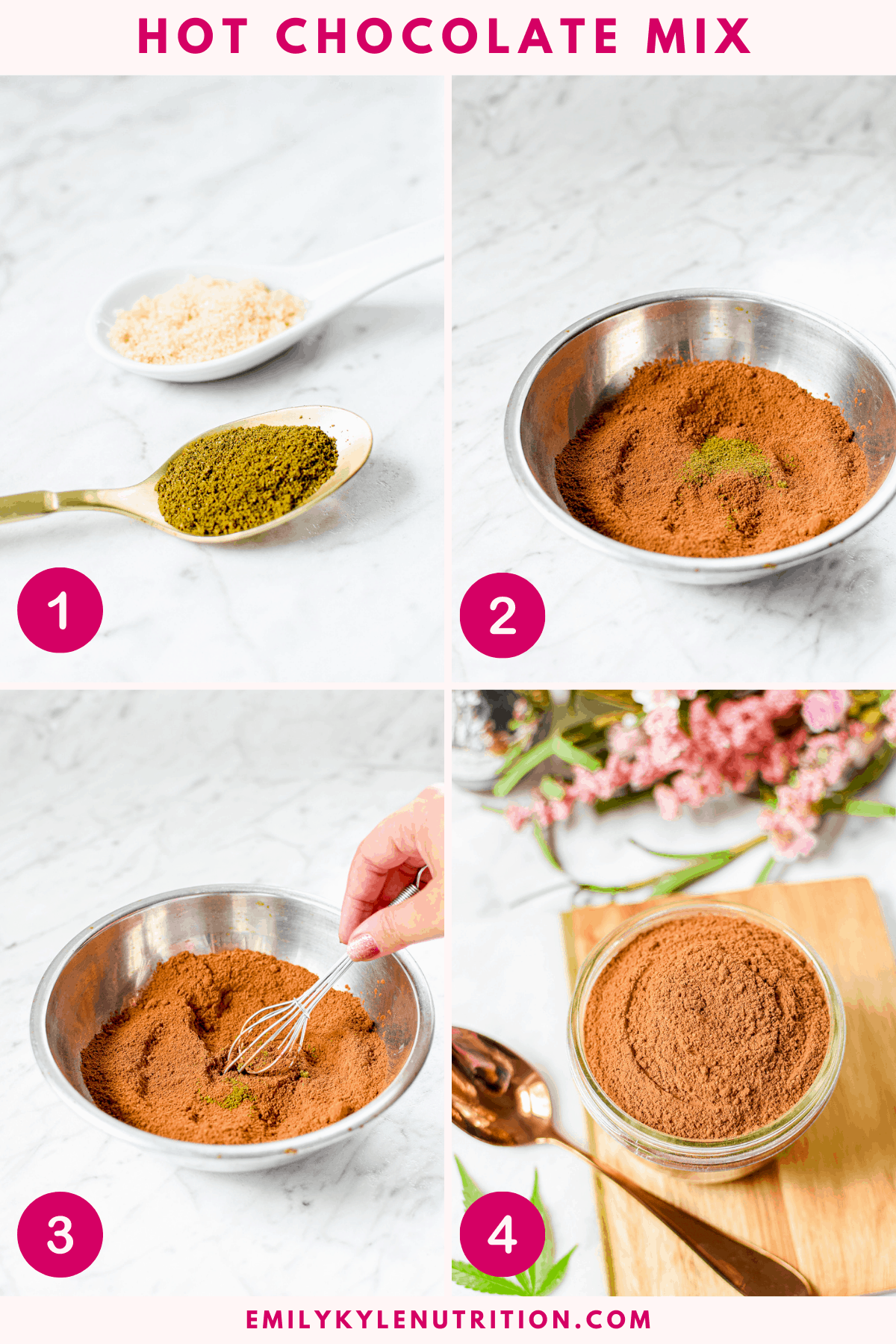 A 4-image collage showing the steps to make cannabis hot chocolate mix including decarbed cannabis flower, mixing it with cocoa powder in a bowl, a hand with a whisk mixing the mixture, and a final image shot of a glass mason jar full of cocoa mix