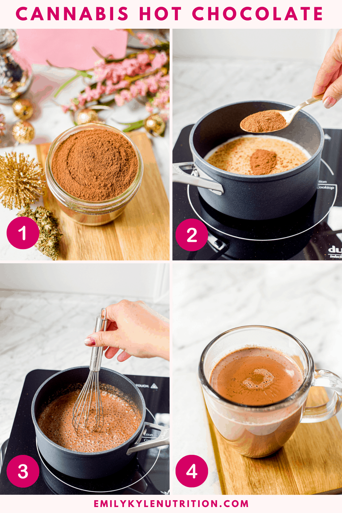 A 4-image collage showing how to make cannabis hot chocolate including the mix, adding the mix to milk in a saucepan over medium heat, whisking well, and the cocoa in a clear mug for the final shot