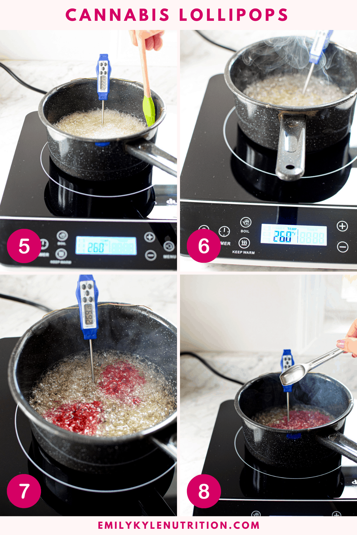 A 4 step collage showing steps 5-8 for making cannabis lollipops - 1 - bringing to a boil, 2 checking the temperature, 3 adding the food coloring, 4 adding the flavoring
