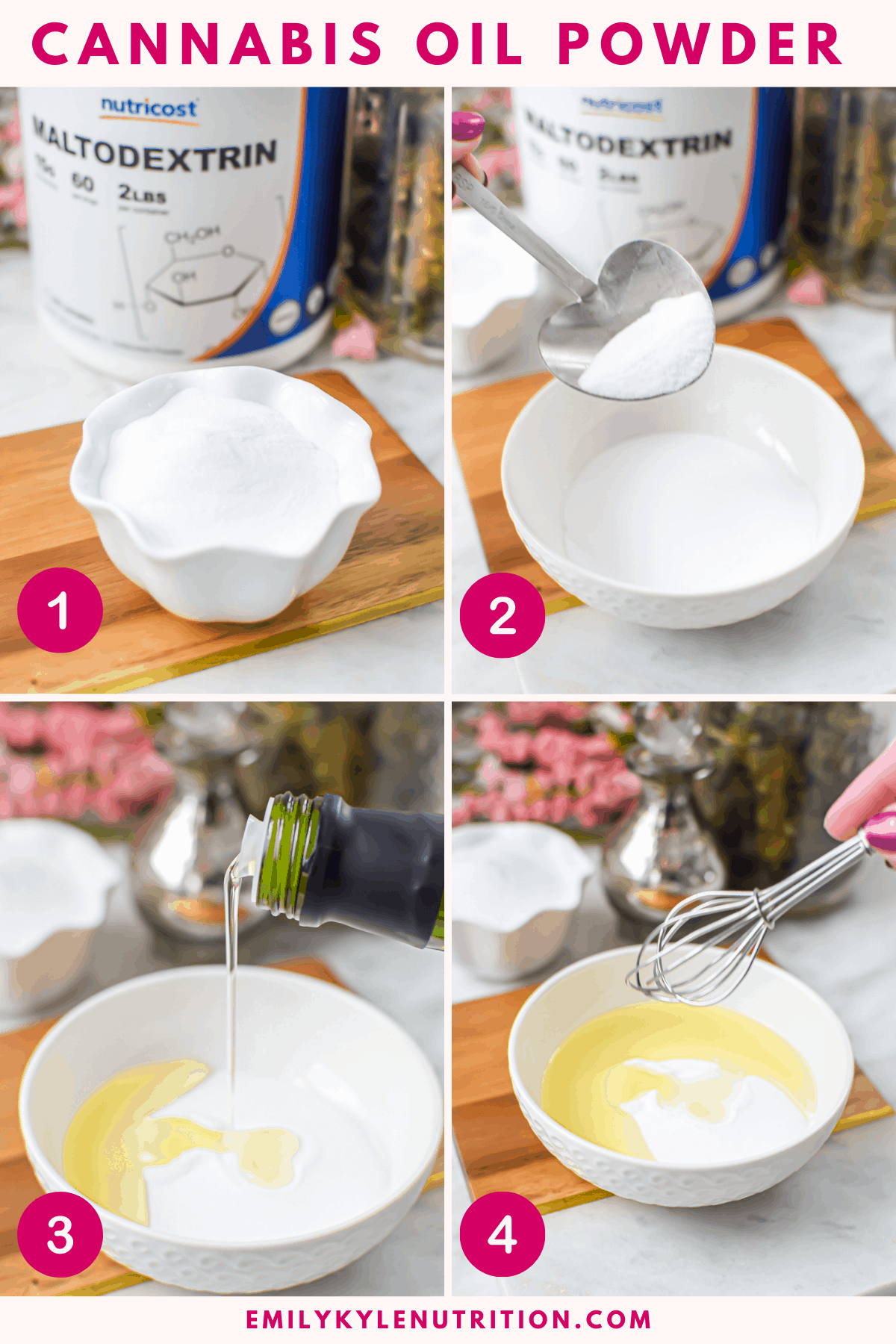 A 4 step collage showing how to make maltodextrin oil powder with a bowl of maltodextrin, adding oil to it, and stirring
