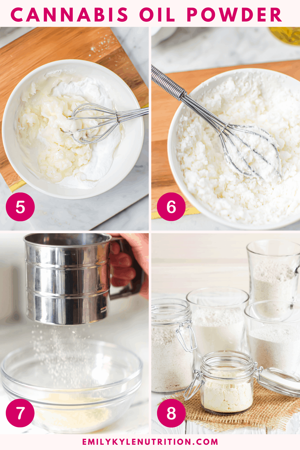 A 4 step collage showing the mixing of the maltodextrin powder, running it through a sifter, and the final product.