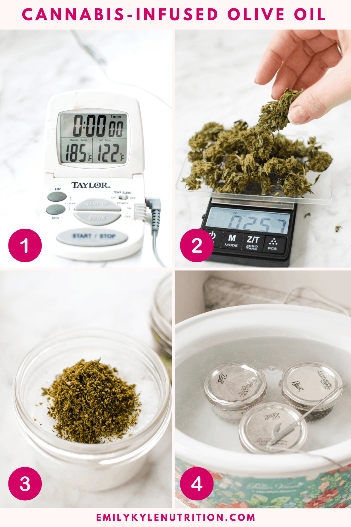 A collage image of four photos showing the first four steps of setting up the process including a thermometer at 185 degrees, measuring the flower with a scale, adding it to the olive oil, and putting it in the water bath.