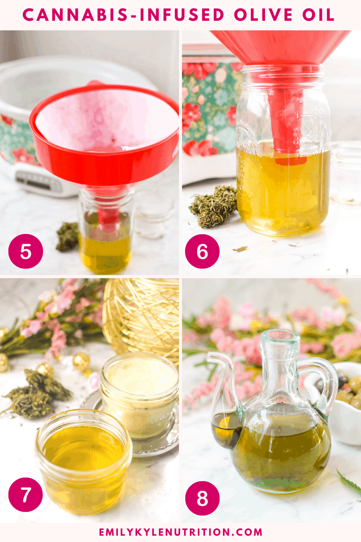 A 4 step collage showing a jar of oil for straining, the strained oil with a funnel in it, a final product shot of liquid olive oil