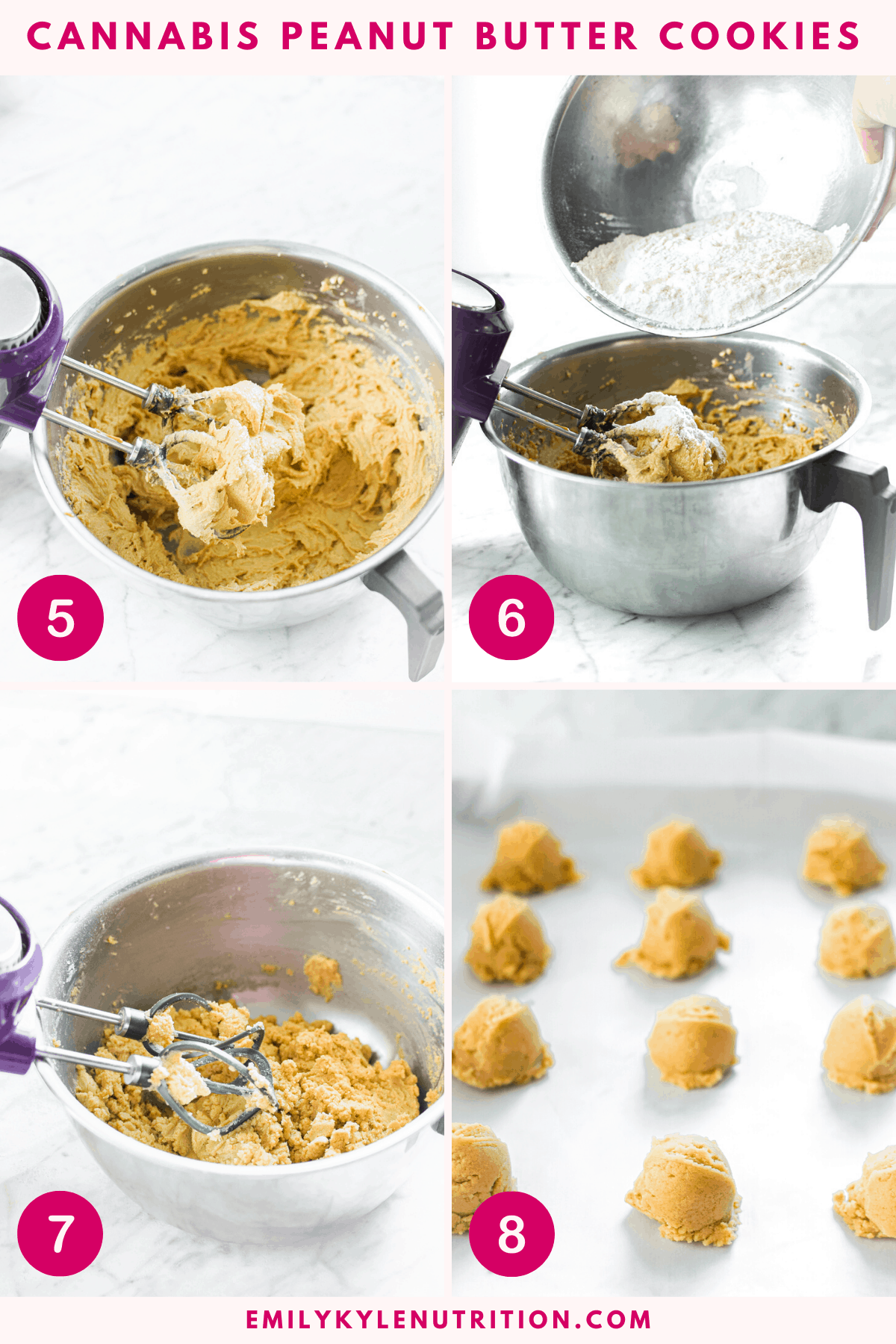 A collage images showing steps 5-8 for making cannabis peanut butter cookies including adding the flour to the dough and scooping it out into balls